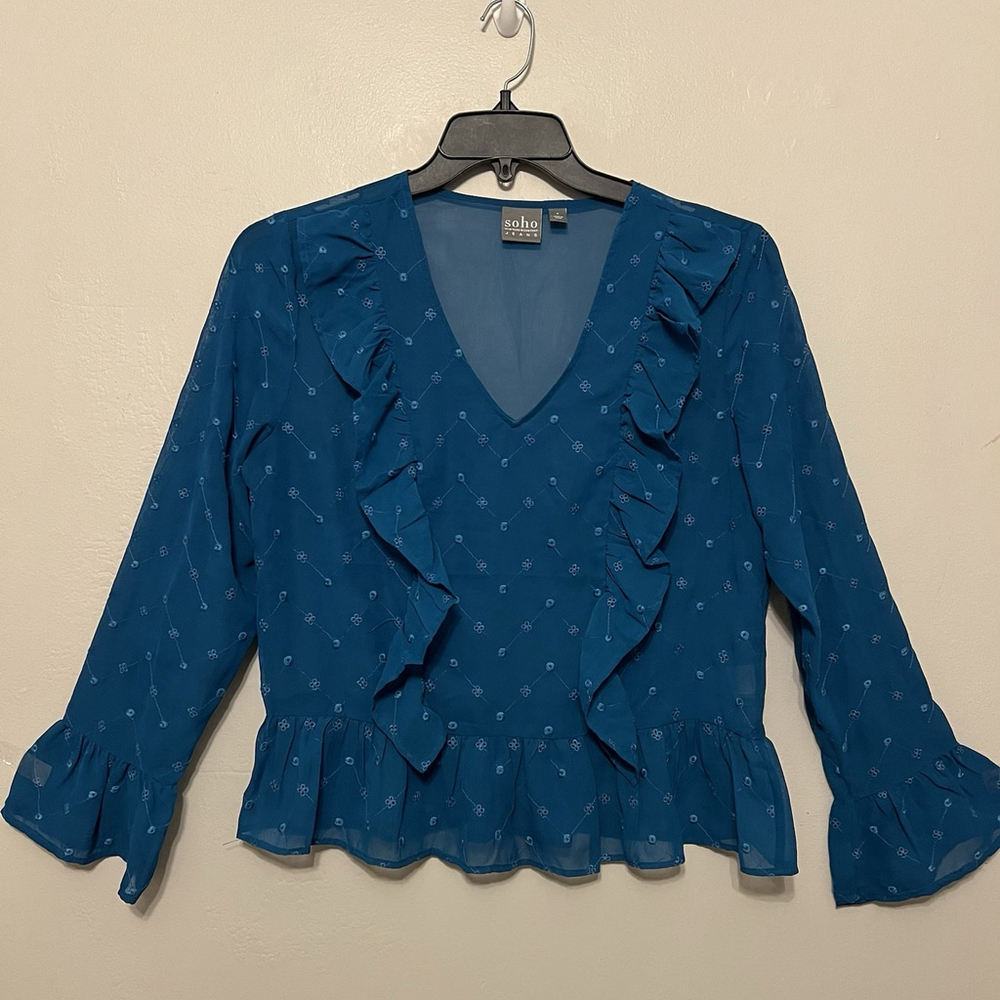 Teal Semi-sheer Deep V Ruffle Feminine Coquette Fairy Bell Sleeve Blouse S‎